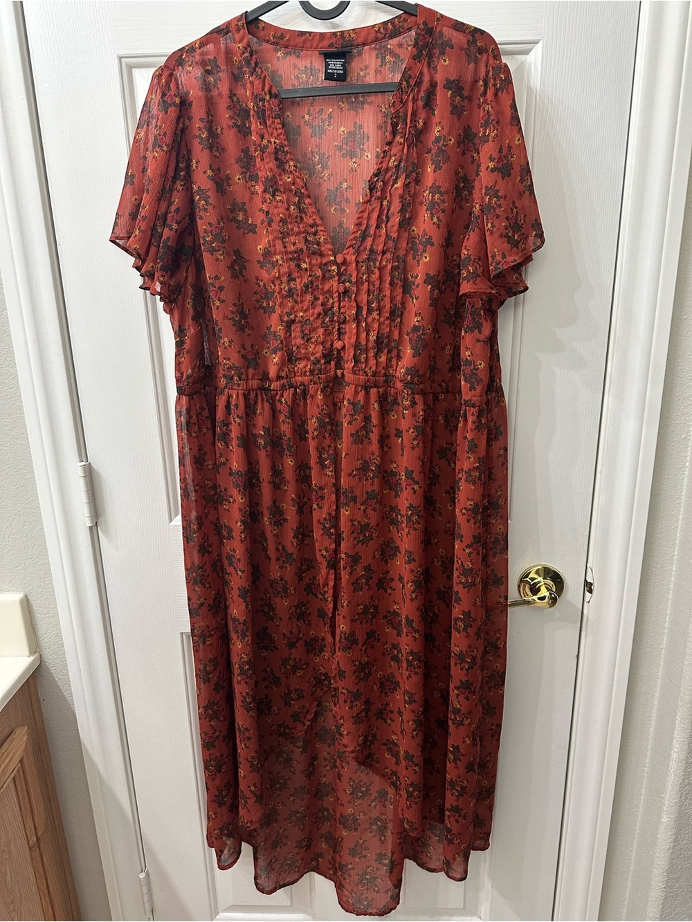 Torrid Top Dress High-Low Rust Floral Midi Length Open Front Flutter Sleeves 2X